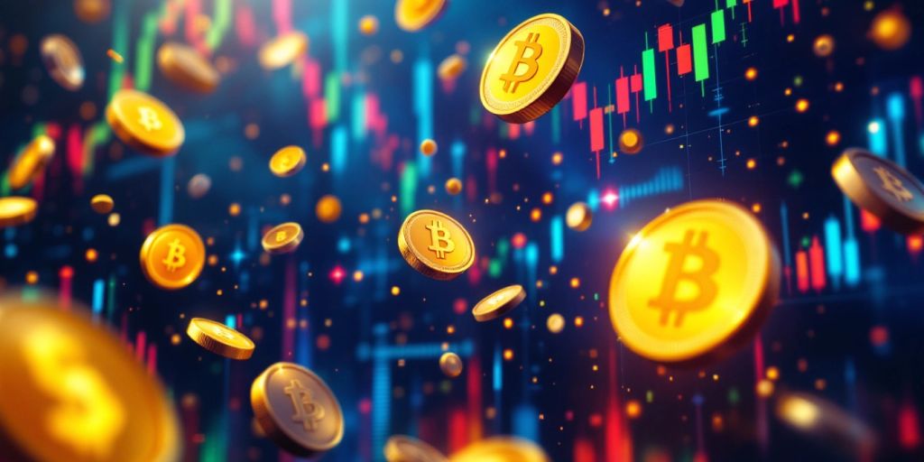 Colorful cryptocurrency coins against a digital backdrop.